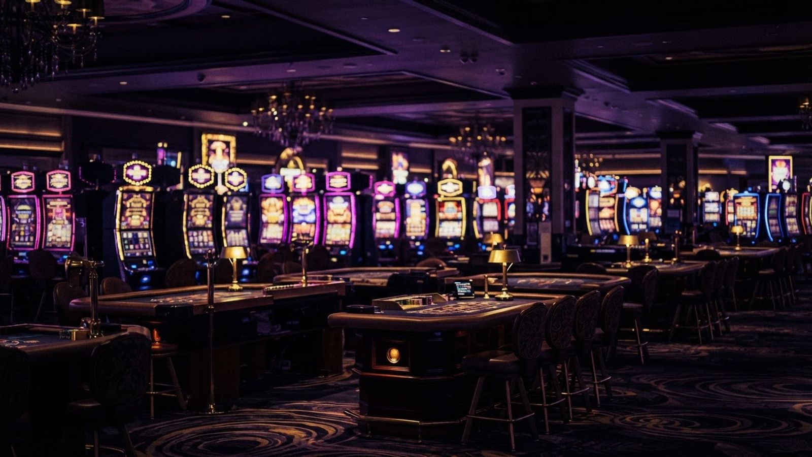 Salle de casino avec machines à sous et éclairage doré