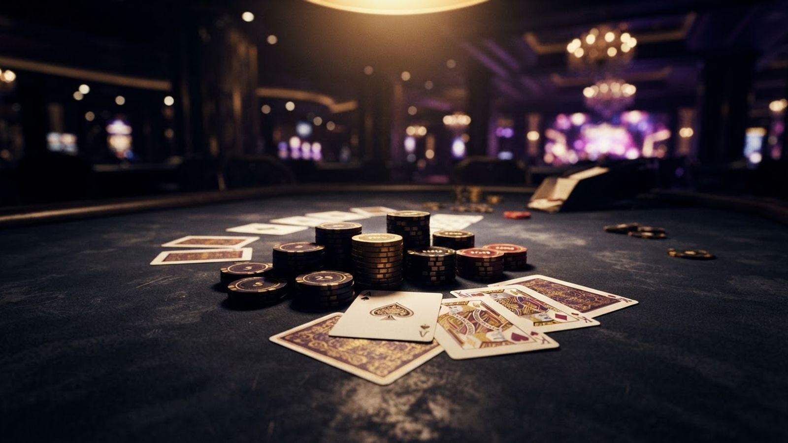 Décor de casino aux accents dorés et violets, ambiance de salle de jeu